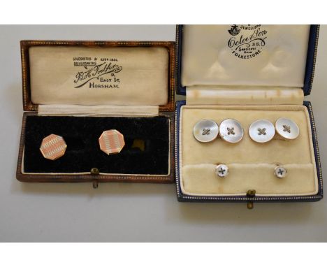 A cased set of mother of pearl gold cufflinks and studs, 7.3g total weight; together with a cased pair of two tone engine tur