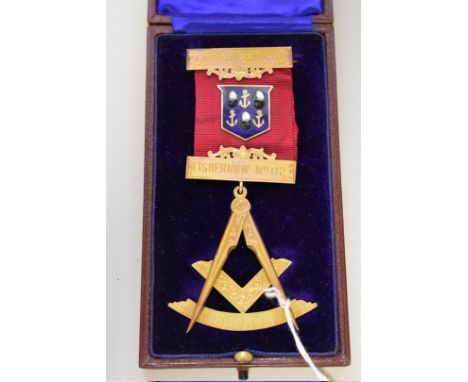 A cased gold and enamel Masonic medal,&nbsp;hallmarked 9ct in places, for the St. John Lodge, Fisher Row No. 112. 