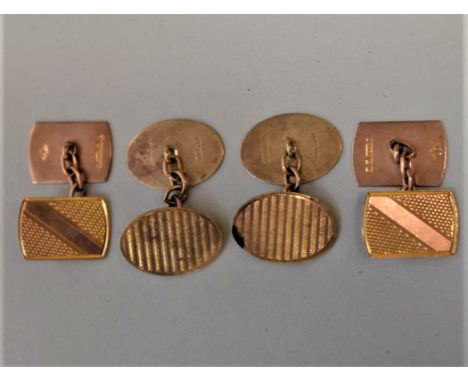 Two pairs of engine turned gold cufflinks, hallmarked 375, 8.4g. 