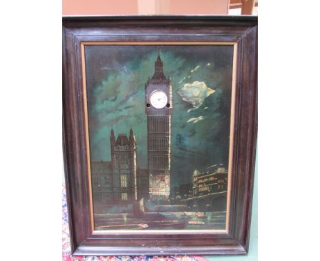 A framed oloegraph of Big Ben and Parliament with mother of pearl inlay, the clock face set with 8 day movement, signed JW Be