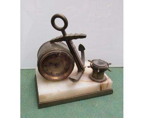 A novelty brass and onyx clock, thermometer and compass in the form of a barrel and anchor, 17cm high