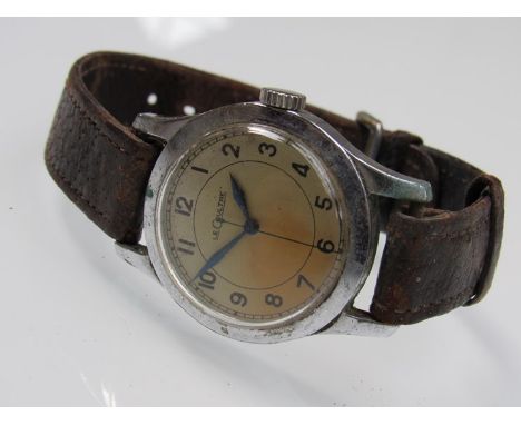 A LeCoultre steel watch with Arabic dial, black steel hands and centre seconds, case back with MOD broad arrow and No. B/159 