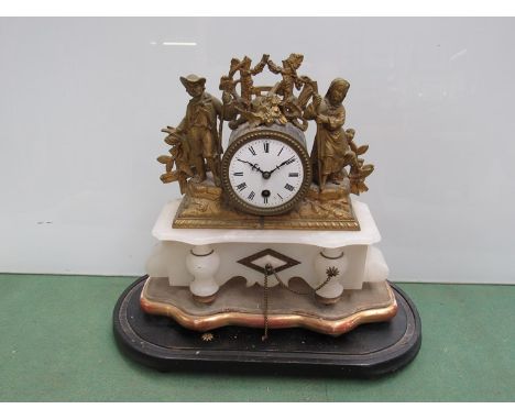 A 19th Century French ormulu and alabaster figural clock a/f, Roma enamel dial, with key and two bases, (35cm high with bases