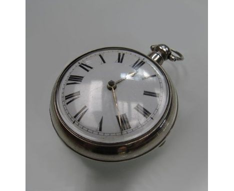 A mid 19th Century silver pair cased pocket watch, Roman enamel dial, verge and fusee movement signed Jas. Banks London, no. 