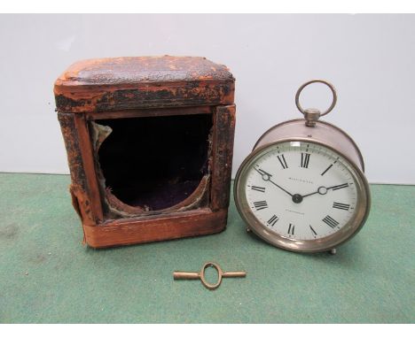 An early 20th Century metal cased marine clock in worn leather carry case, enamel Roman dial signed Martin & Son, Cheltenham