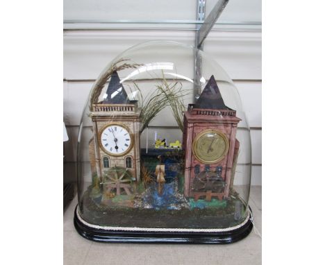 A rare Victorian circa 1870 musical automaton complete with 8-day single train clock and aneroid barometer.  Turning water wh