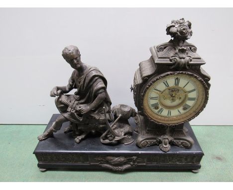 A late 19th Century American figural clock depicting Roman warrior on stepped base, Roman enamel dial with visible escapement