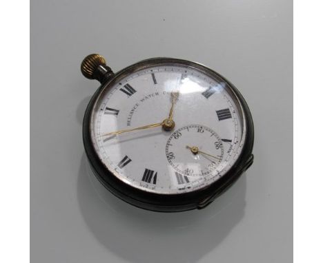 A silver open faced pocket watch with Roman enamel dial and subsidiary seconds, signed Reliance Watch Co.