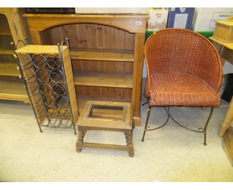 A pine three shelf open bookcase, a metal and wicker wine bottle rack, a wicker Lloyd Loom style bedroom chair and an oak fra