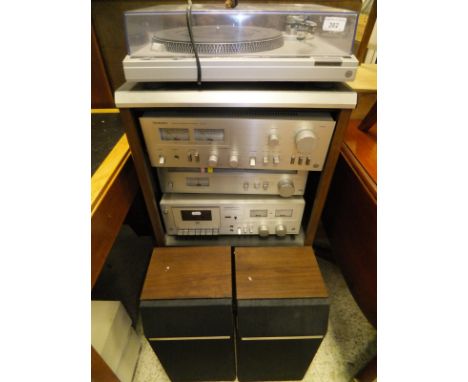 A Technics hi-fi with turntable, amp, cassette deck and speakers CONDITION REPORTS Overall with wear, scuffs, some chips and 