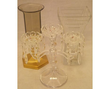 A cut glass three branch table lustre / candelabra, a hurricane lamp and a studio style glass vase