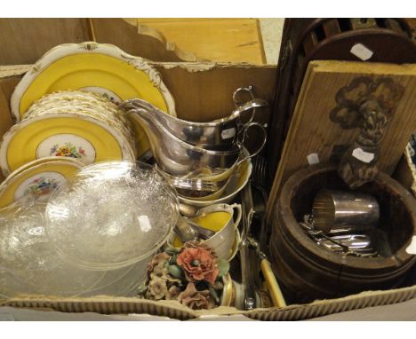 A box containing an Indian treen ware mortar, brass hand door knocker, various plated wares, New Chelsea "Flora" pattern chin