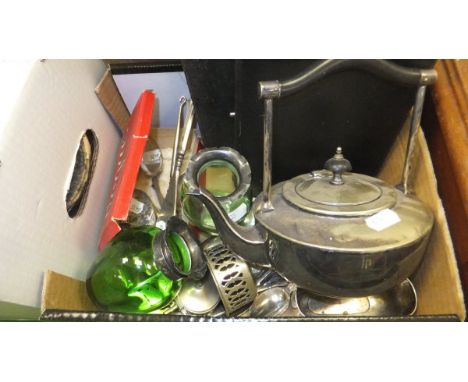 A box of silver and plated wares, to include two Bristol green glass vases with silver rims, a cased set of six silver coffee