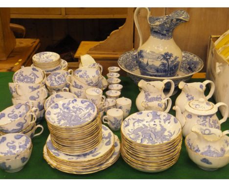 A Royal Worcester blue transfer decorated dragon pattern tea set with gilt rims, mostly date marked for 1949-52 (93 pieces) a