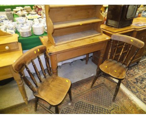 A Victorian pine tea table with fold-out top raised on turned legs, together with a pine open three shelf waterfall wall hang