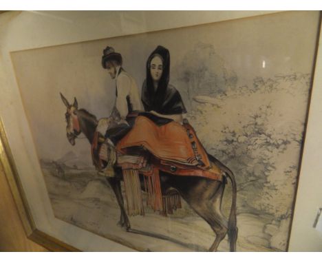 AFTER J F LEWIS "Grenada", study of a couple in national dress on the back of a mule, highly coloured lithograph circa 1835, 