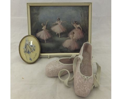 A Lladro pair of pink and white ballet shoes, a ballet print and a framed and glazed miniature of gentleman in 18th Century d