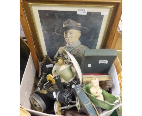A box of miscellaneous items to include a Mamod steam engine, a collection of cigarette cards, a Masons type cup and saucer, 