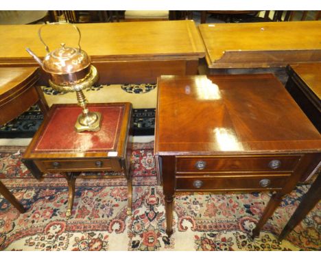 A modern mahogany sofa style drop-leaf occasional table, a Victorian copper kettle and brass stand and a modern mahogany drop