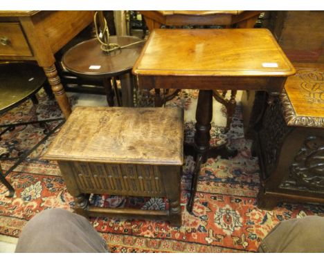 A Victorian mahogany occasional table, the rectangular top on a turned pedestal to tripod base and an oak box seat stool with