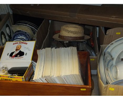 Five boxes of assorted sundry china, glass, tools, etc, together with a box containing assorted blinds and a dressing mirror