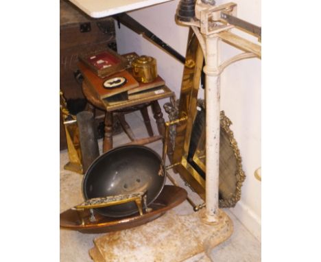 A pair of painted platform scales inscribed "Selfridge & Co. Ltd", a 19th Century oak stool, a three-fold dressing table mirr