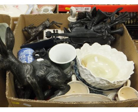 Five boxes of assorted china and glassware to include Emma Bridgewater mugs, Royal Worcester "Evesham" ramekins, three modern