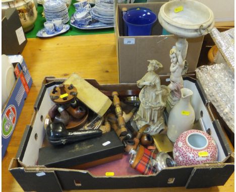 A box of assorted sundry items to include various Meerschaum pipes, hip flask, various collectors plates etc, together with a