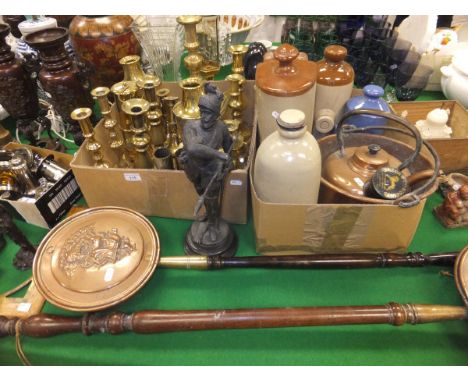 A large collection of various brass to include candlesticks, miner's type lamp, etc, a box containing an assortment of stonew