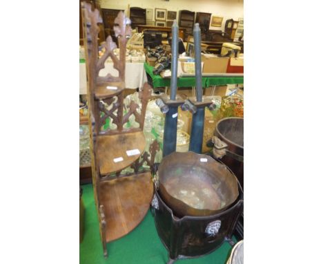 A 19th Century oak corner three tier graduated shelf unit with relief and scroll carved decoration throughout, a pair of bron