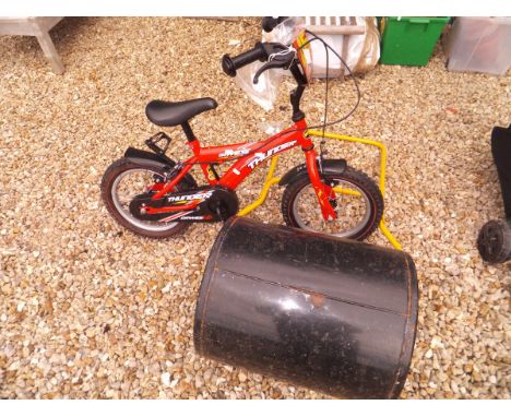 A modern garden lawn roller, together with a Dawes Thunder child's bike