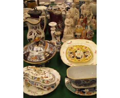 A 19th Century Davenport "Japan" pattern tureen and cover, a Davenport floral spray decorated  plate, ironstone tureen base a