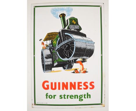 Guinness&nbsp;enamel advertising sign 'Guinness for Strength' with man appearing from a manhole and lifting a road roller on 