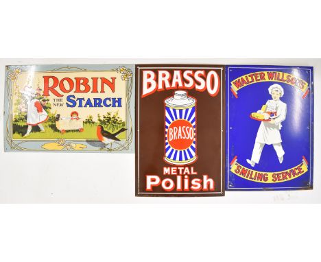Three enamel advertising signs comprising Brasso Metal Polish, Robin Starch and Walter Wilson's 'Smiling Service',&nbsp;
