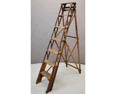 Vintage wooden step ladder with lattice frame sides, height 195cm
