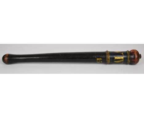 William IV ebonised truncheon with gilt lettering 'W IV R' and the number 15, unusual stepped design with drill hole for susp