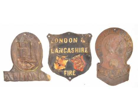Three antique tin fire mark and insurance wall plaques comprising Alliance, London &amp; Lancashire Fire, Liverpool &amp; Lon