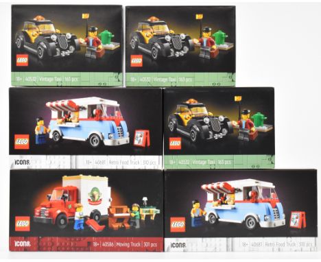 Six Lego Icons and similar website exclusive sets comprising three Vintage Taxi 40532, two Retro Food Truck 40681 and Moving 