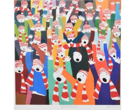 Mackenzie Thorpe (Contemporary, British, born 1956) signed limited edition (73/495) print Goaaaaaaaaal!!!, football fans cele