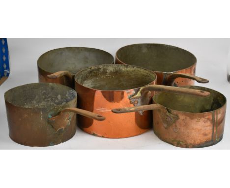 Five 19th / 20thC copper saucepans, various makers including Carlton, La Fontaine Brothers, A & N CSL, E. Dehillerin Paris et