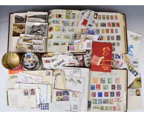 GB and world stamp collection, well presented in three albums, with loose first day covers and stamps in envelopes, tins etc,