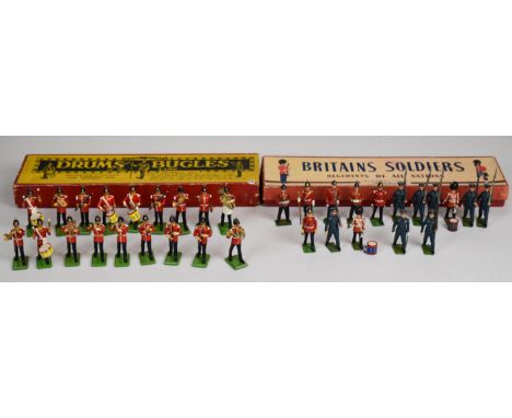 Thirty-four vintage Britains painted metal toy soldiers comprising 'Drums and Bugles of the Line' set 30 and an RAF regiment,