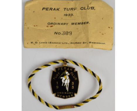 1933 Perak Turf Club enamel member's badge, with original envelope