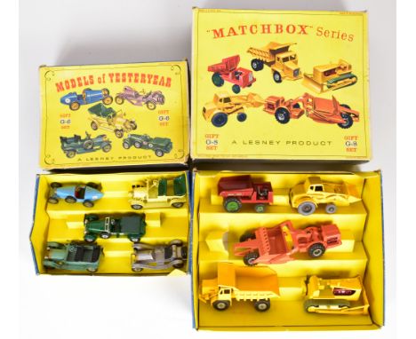 Two Matchbox Lesney diecast model car gift sets comprising G6 'Veteran and Vintage Cars Set' and 'G8 Civil Engineering Constr