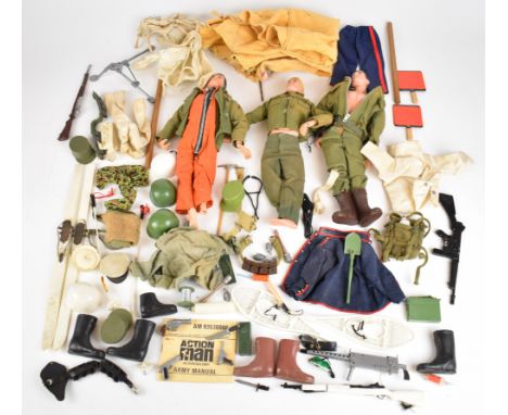 Three Palitoy Action Man figures all with painted hair, together with a collection of clothing and accessories