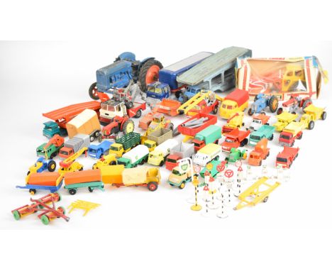 A collection of vintage Corgi, Dinky and Matchbox diecast model cars, truck and construction vehicles to include Pullmore Car