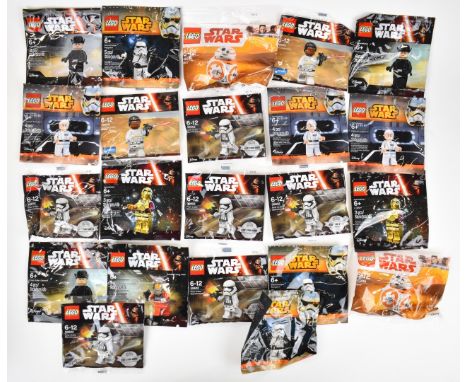 Twenty-two Lego Star Wars minifigure packs to include C-3PO (red arm), First Order Stormtrooper, Rebel A-wing Pilot, Finn, Ad