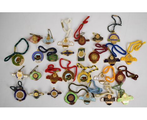 A collection of Down Royal Corporation of Horse Breeders metal and enamel horse racing badges comprising three Maze examples,