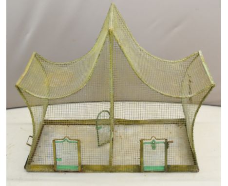 Vintage double birdcage with connecting door, concave sides and roof and galvanised metal base, W109 x D59 x H86cm