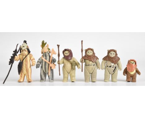 Six vintage Star Wars Ewok action figures by Kenner comprising Warok, Wicket, Teebo, Logray and two Chief Chirpa, some with a